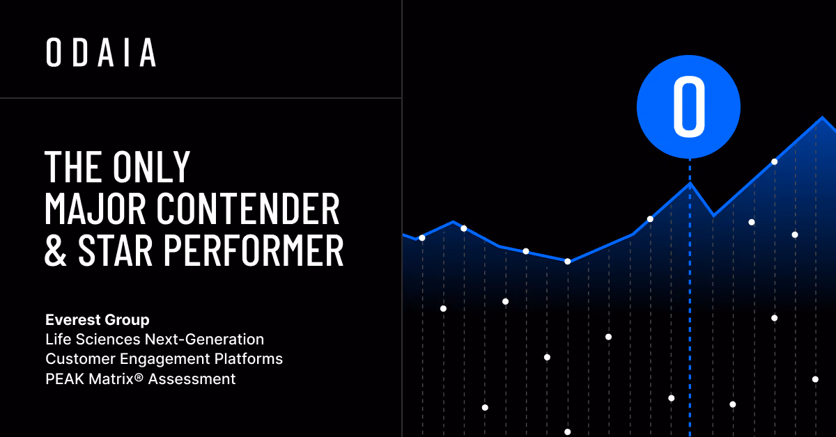 Graph highlighting ODAIA as the only major contender and star performer in Everest Group's Life Sciences Next-Generation Customer Engagement Platforms PEAK Matrix Assessment.