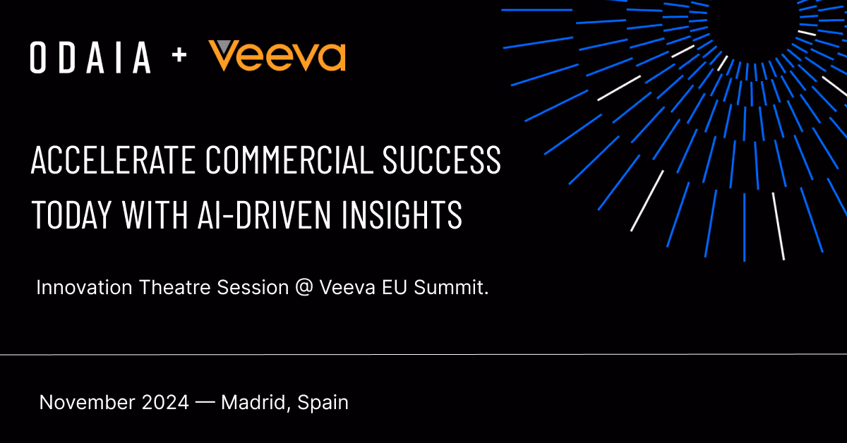 Black background with ODAIA and Veeva logos and text promoting Innovation Theatre Session at Veeva EU Summit, November 2024, Madrid, Spain.