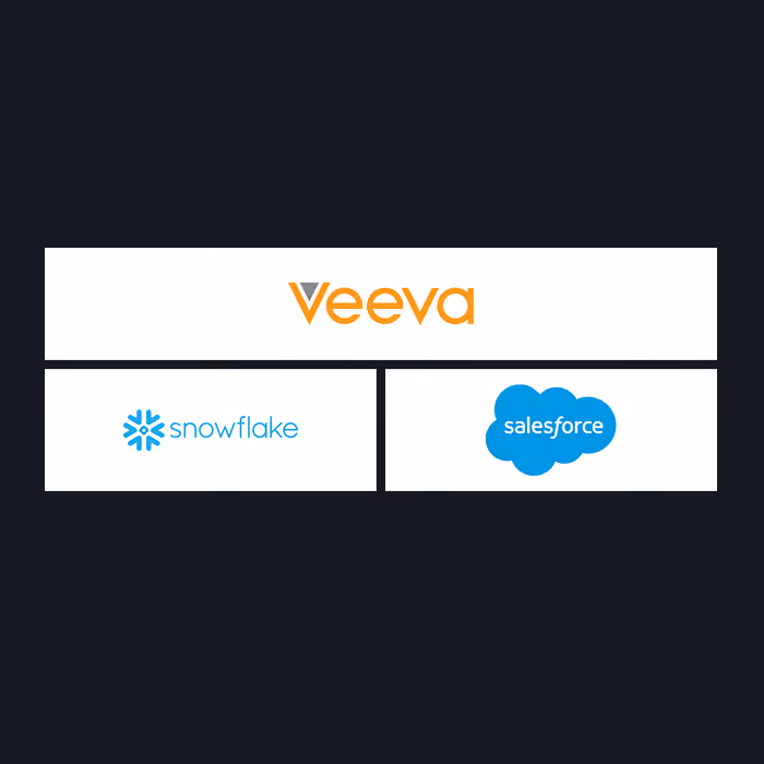 Logos of Veeva in orange, Snowflake in blue with a snowflake symbol, and Salesforce in blue with a cloud shape on a dark background.