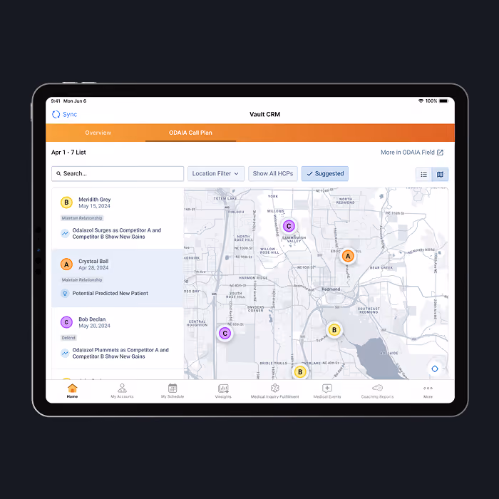 Tablet screen showing Vault CRM with a map view displaying colored markers labeled A, B, and C and a list of healthcare professionals with related notes and dates on the left.
