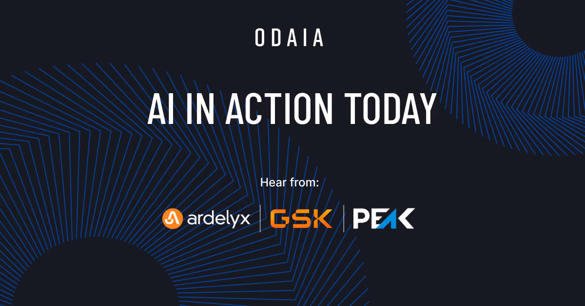 Dark background with blue geometric patterns, text reads 'ODAIA AI IN ACTION TODAY' and 'Hear from:' followed by Ardelyx, GSK, and Peak logos.