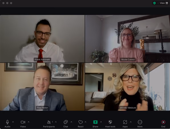 Four people in a Zoom video call with names Frank Fascinato, Nicole Connor, Pete Harbin, and Jennifer Meldrum.