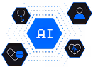 Blue hexagonal central icon labeled AI surrounded by five smaller hexagons each containing icons representing a stethoscope, user profile, pills, DNA strand, and heartbeat symbol.