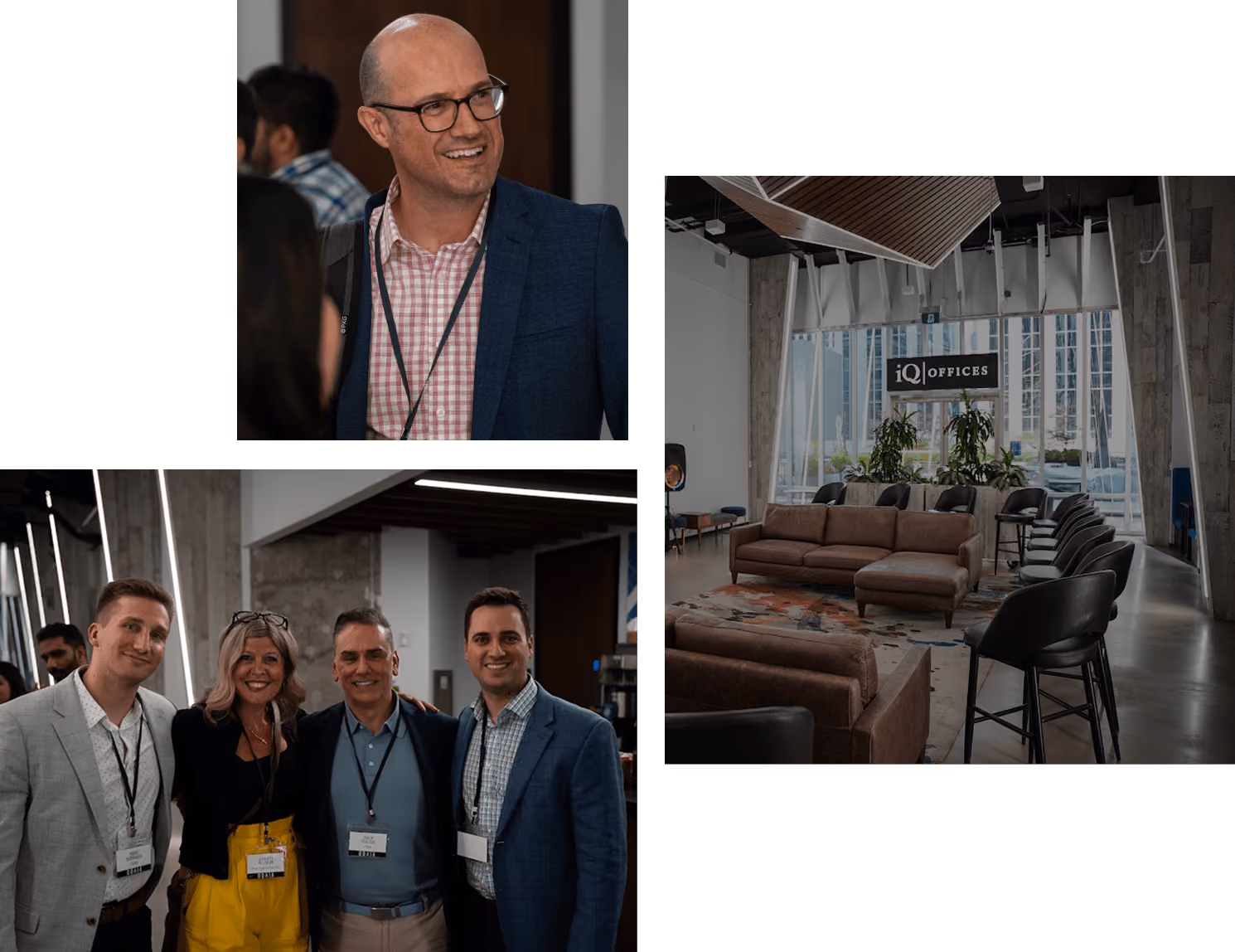 Collage of three images showing smiling professionals at an event and a modern office lounge with brown sofas and black chairs under a sign reading 'iQ Offices'.