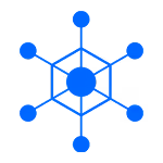A blue icon/graphic that shows a nucleus with surrounding data points connected. 