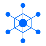 A blue icon/graphic that shows a nucleus with surrounding data points connected. 