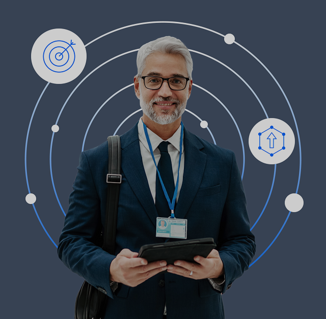 Stock photo of a pharma field rep with a target graphic in the background.