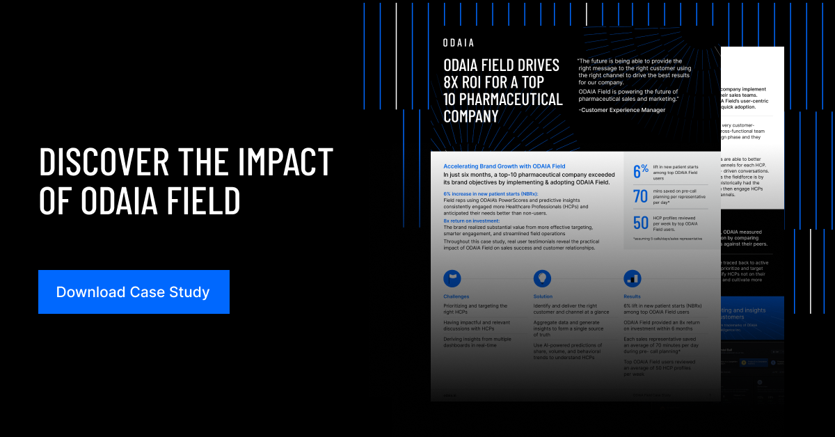 Banner image/ graphic of an ODAIA customer case study with a blue line graphic in the background.