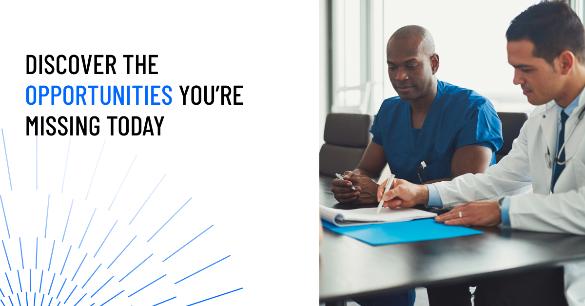 Stock image of Health care professionals meeting with a blue circle graphic and copy overlaying.