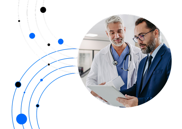 A pharmaceutical sales representative and a physician reviewing information together on a tablet, overlaid on a dark background with blue circular orbital lines representing connected HCP engagement signals.