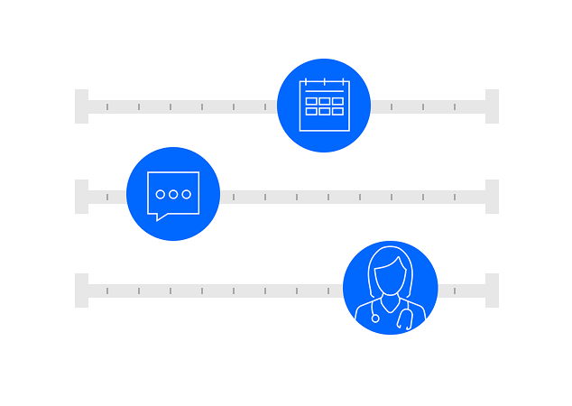 A diagram showing three horizontal timeline tracks with blue circular icons representing scheduled engagement touchpoints — including a calendar, a message, and a physician — illustrating individualized HCP campaign sequencing across channels and timing.