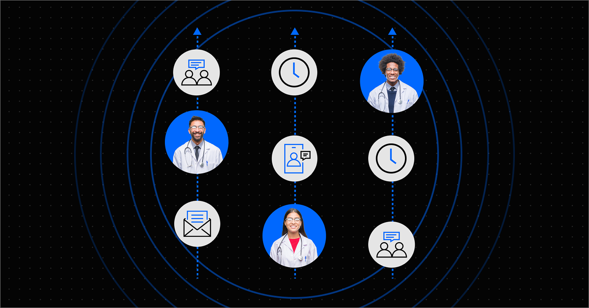 A dark background diagram showing three healthcare professionals connected to individualized engagement sequences — each physician linked to a unique combination of channel icons including email, messaging, and scheduling — illustrating personalized HCP campaign orchestration across multiple touchpoints.