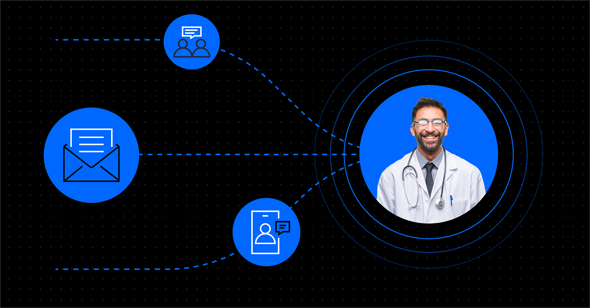 A diagram showing multiple digital engagement channels — email, group messaging, and direct outreach — connected by dashed blue lines to a single physician, illustrating how ODAIA Marketing Intelligence coordinates individualized omnichannel touchpoints toward a single HCP.
