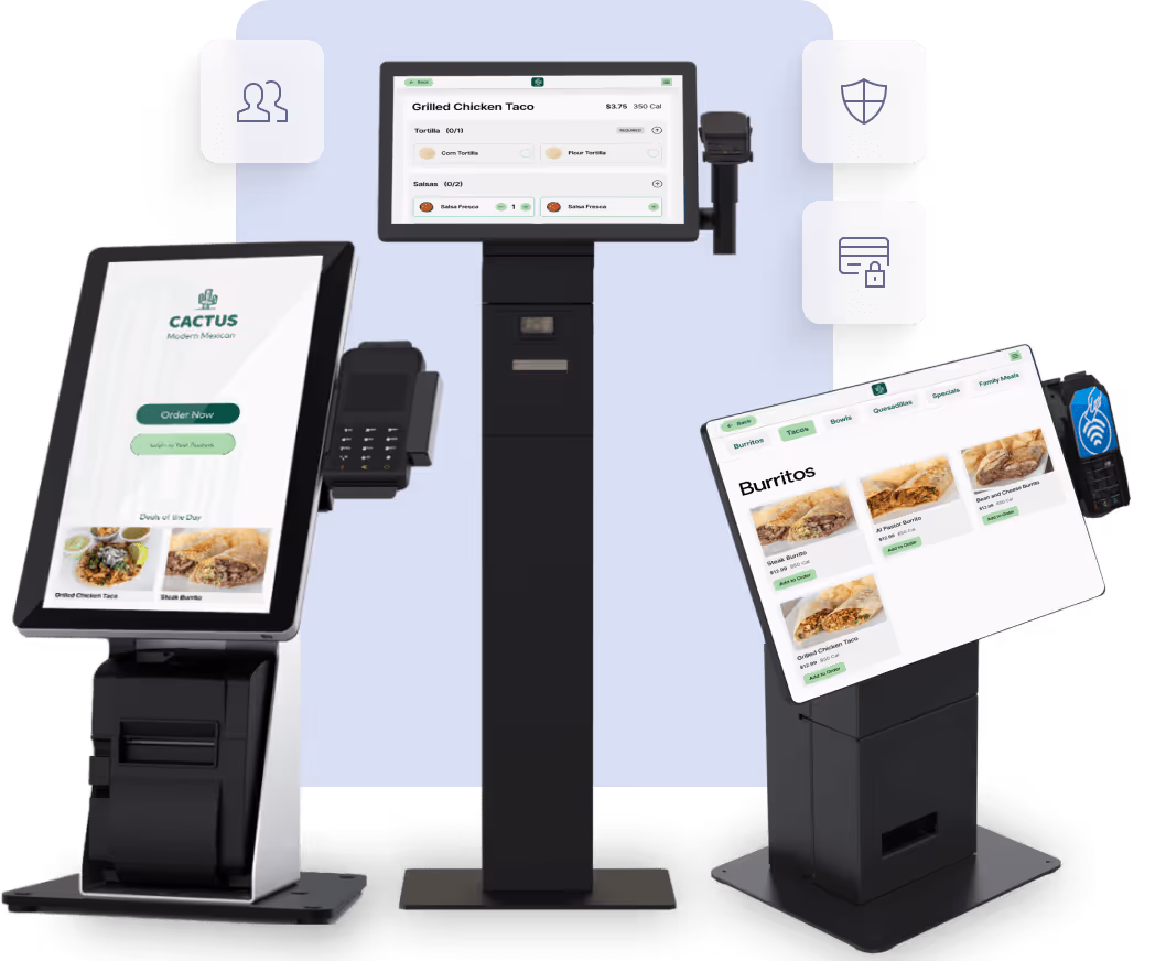 Tablet screen showing Checkmate logo and text 'Your Essential Guide to Catering Success' alongside multiple aluminum food trays with diverse colorful meals.