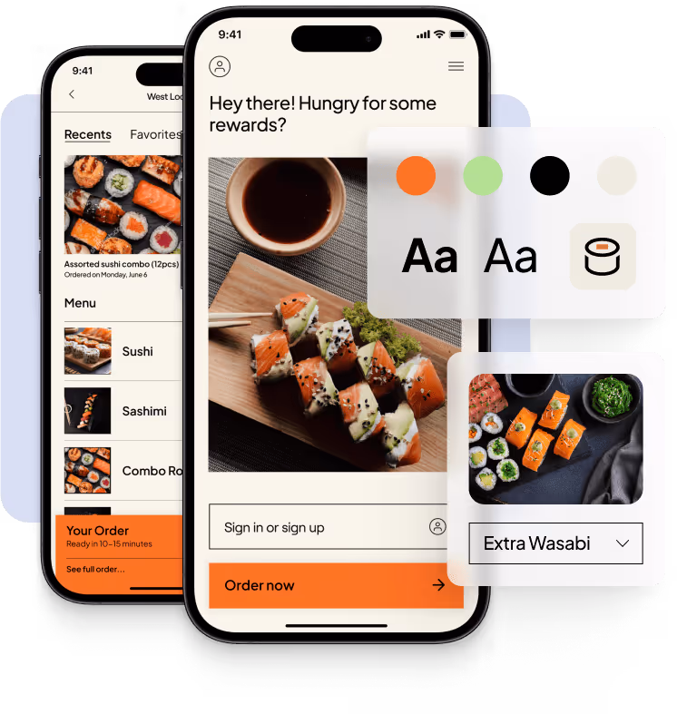 Mobile app interface showing sushi menu, customized text and color options, and order options including extra wasabi.