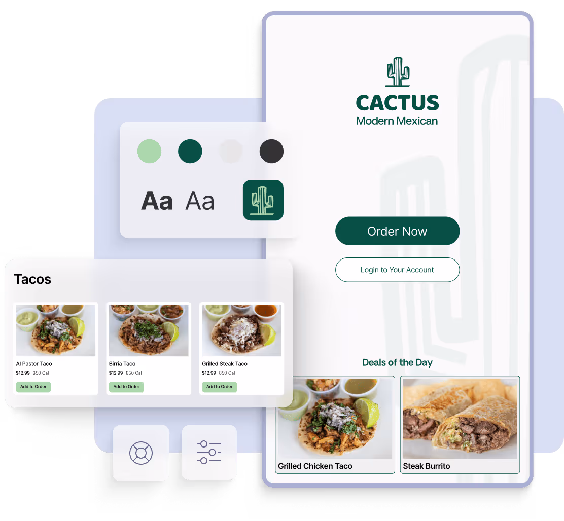 Hand interacting with a touchscreen kiosk menu displaying taco options with buttons for customizing, adding to order, and reviewing payment details.