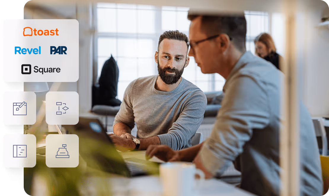 Two men collaborating over a laptop in a bright office with logos of Toast, Revel, PAR, and Square displayed on the left.