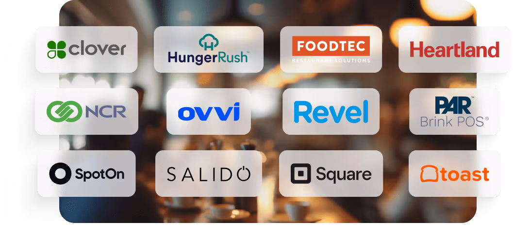 Logos of various payment and restaurant technology providers including Clover, HungerRush, FOODTEC, Heartland, NCR, ovvi, Revel, PAR Brink POS, SpotOn, Salido, Square, and toast.