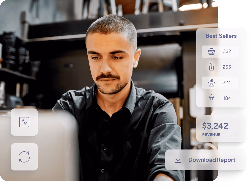 Man in black shirt working on a laptop with overlay graphics showing best sellers, revenue of $3,242, and a download report button.