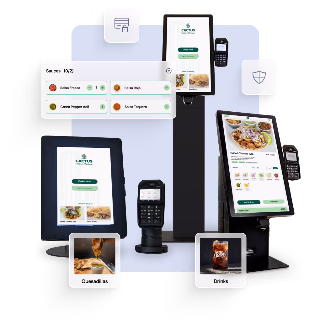 Self-service restaurant kiosks displaying Modern Mexican menu items including grilled chicken tacos, quesadillas, and drinks with sauce options and card payment devices.