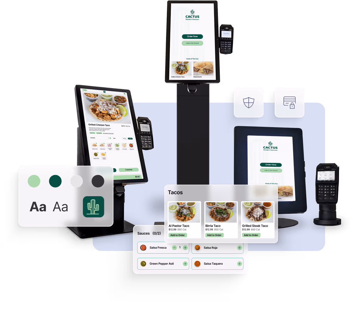 Digital ordering kiosks and payment terminals displaying a modern Mexican restaurant menu with tacos and sauce options.