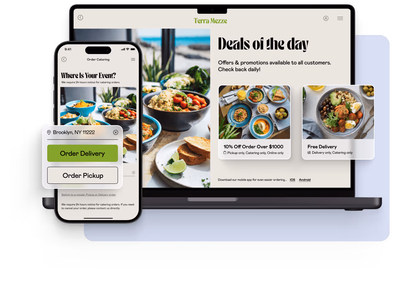 Website and mobile app screens showing Terra Mezze catering options with food images, delivery and pickup order buttons, and daily deals offers.