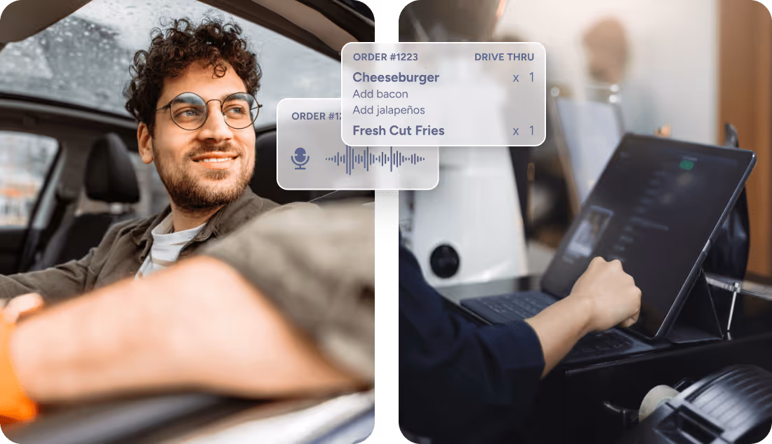 Left: Smiling man with glasses in a car at a drive-thru. Right: Person using touchscreen at a drive-thru counter with digital order display.