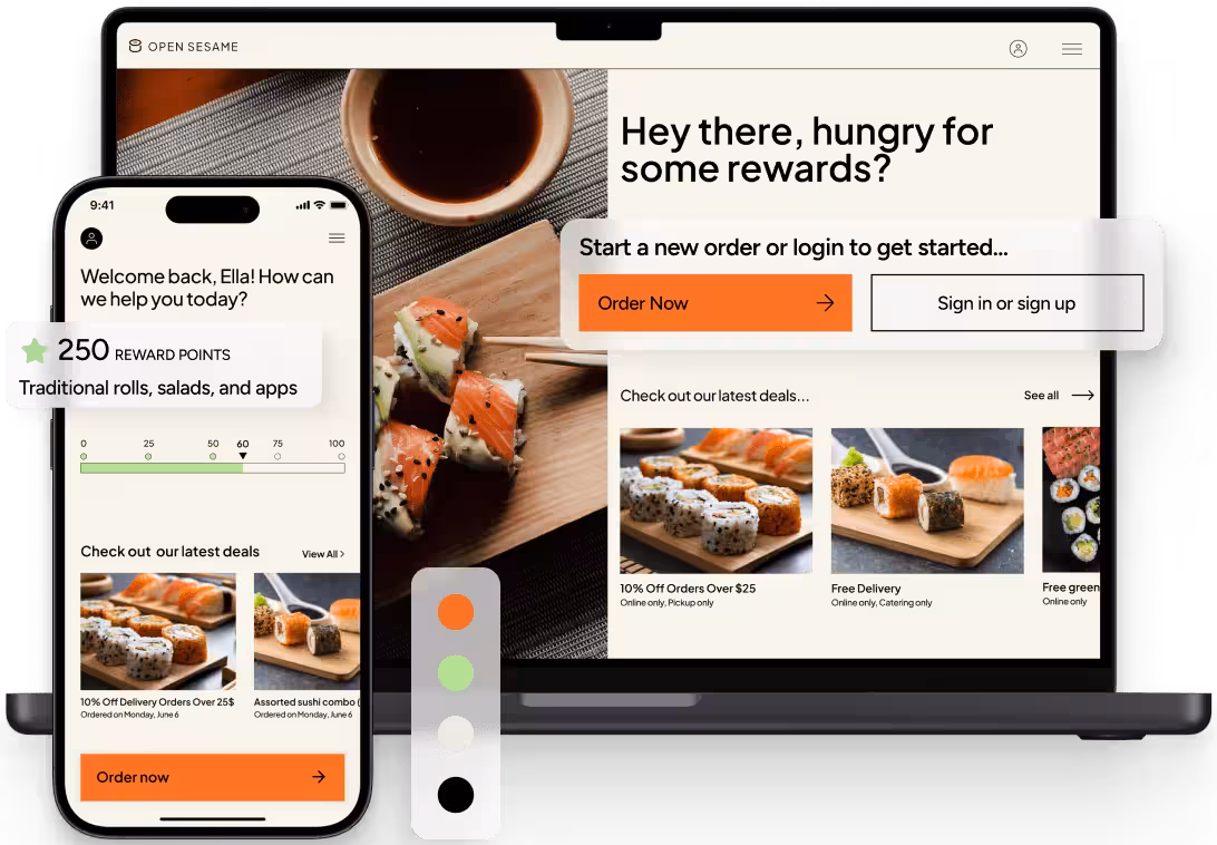 Tablet and smartphone displaying a sushi restaurant's rewards and ordering interface with images of sushi rolls and options to order or sign in.