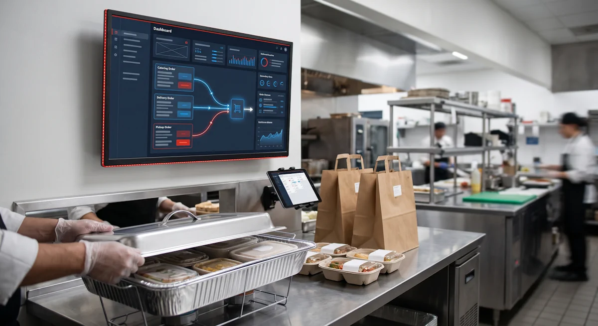 Tablet screen showing Checkmate logo and text 'Your Essential Guide to Catering Success' alongside multiple aluminum food trays with diverse colorful meals.