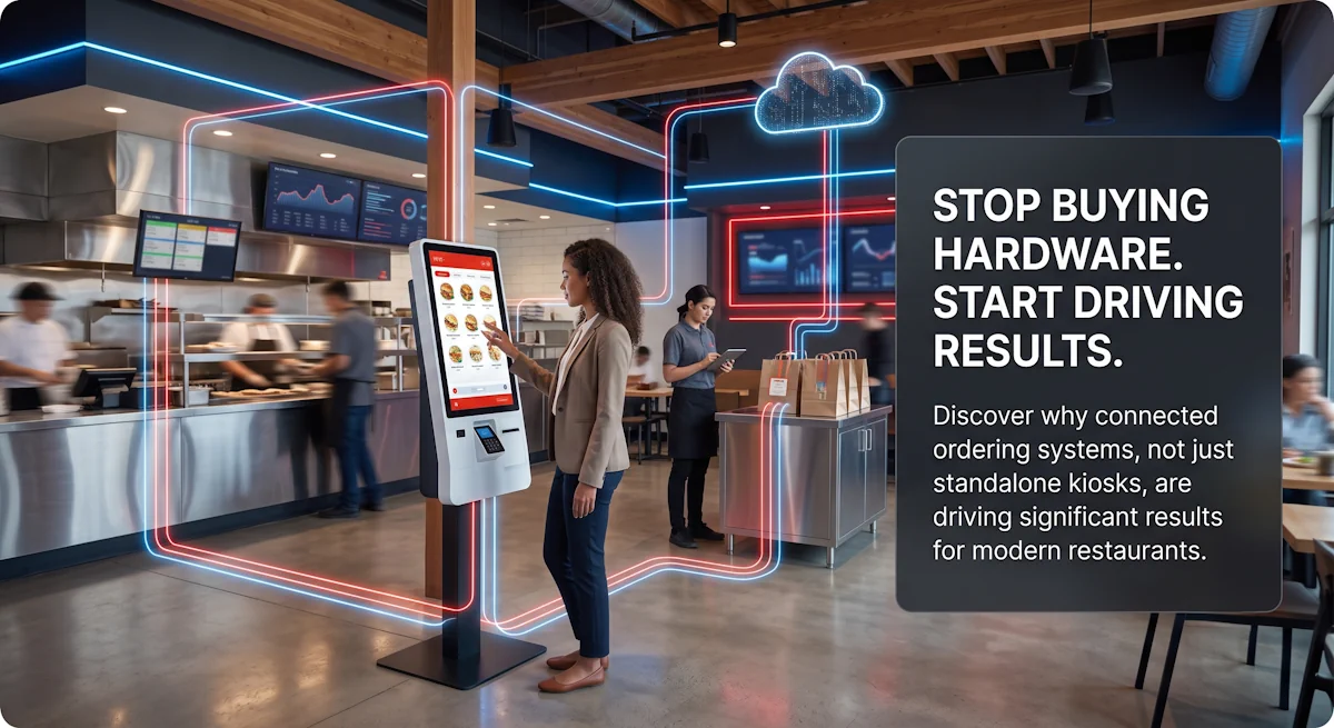 Tablet screen showing Checkmate logo and text 'Your Essential Guide to Catering Success' alongside multiple aluminum food trays with diverse colorful meals.