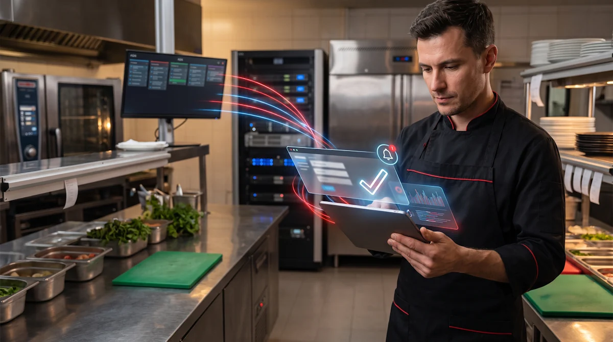 Chef using tablet with digital cooking order displays and notifications in a commercial kitchen.