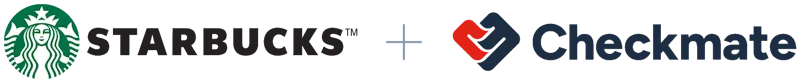 Starbucks logo next to a plus sign and the Checkmate logo on a white background.