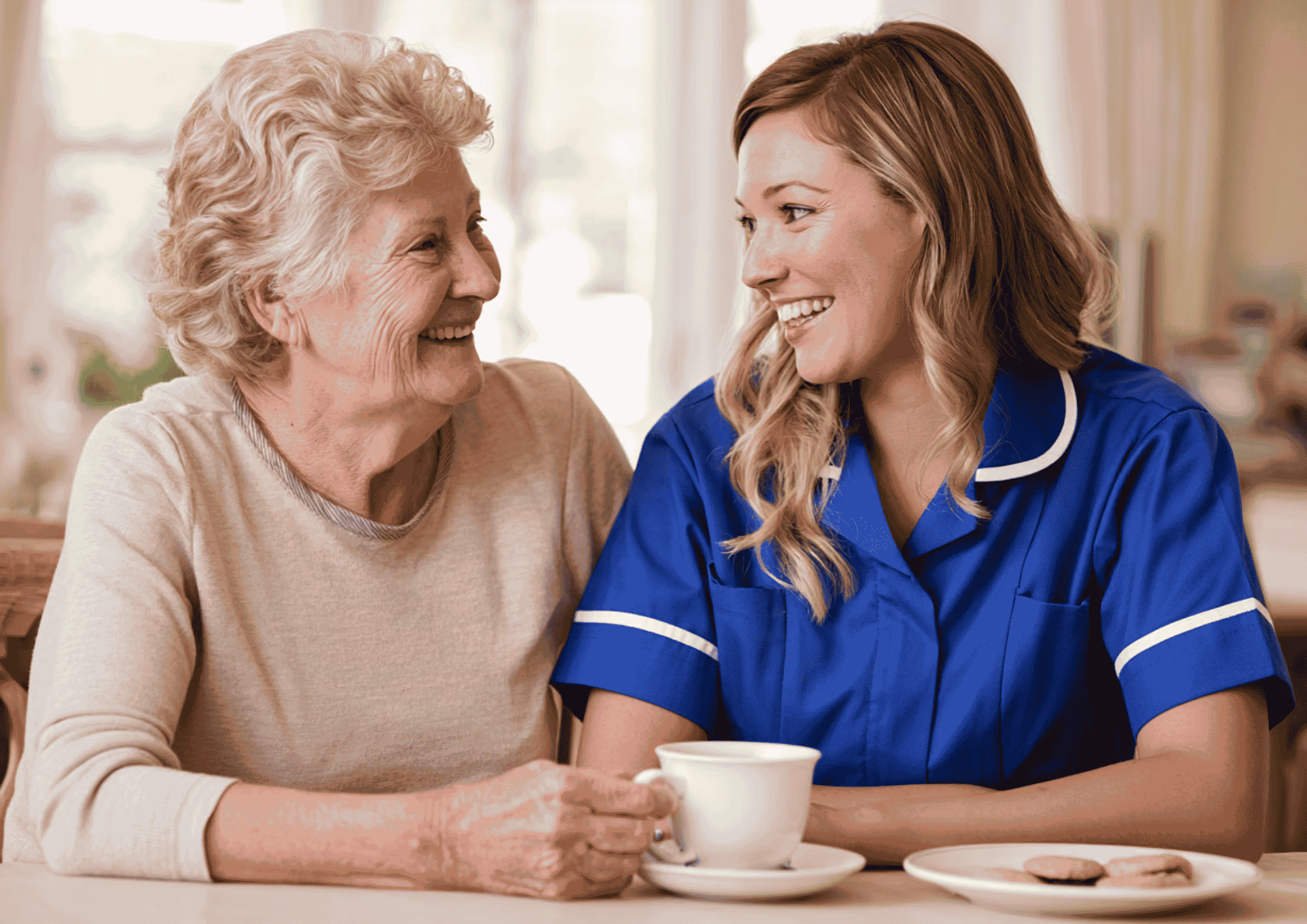 Smiling elderly woman and female nurse in blue uniform sitting at a table with a cup of tea and cookies, looking at each other warmly.