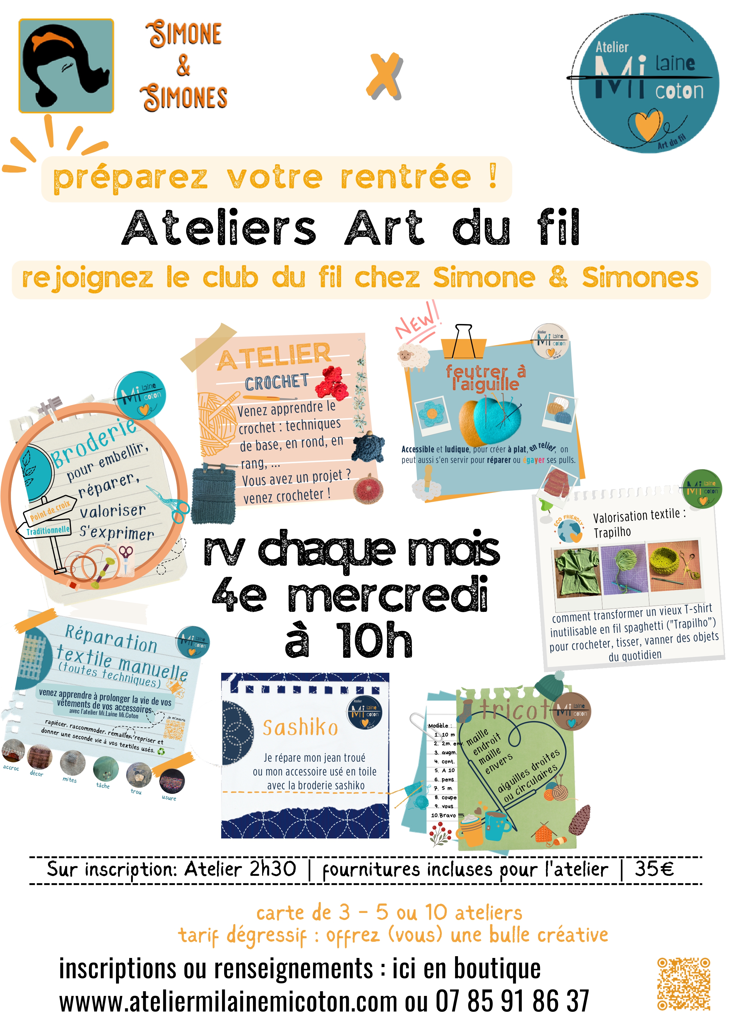 Programme des ateliers Art du fil - broderie, crochet, feutrage, réparation textile, sashiko, tricot - chaque 4e mercredi du mois à 10h