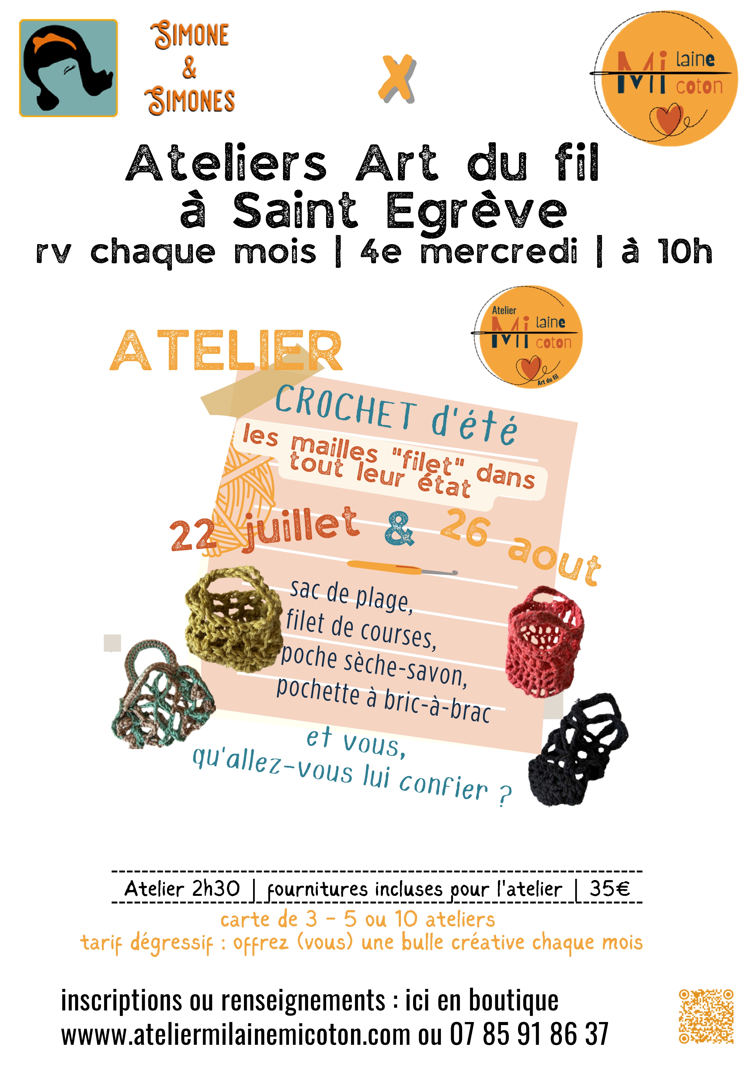 Affiche atelier crochet d'été mailles filet - 22 juillet et 26 août à Saint-Egrève, Simone & Simones x Mi.Laine Mi.Coton