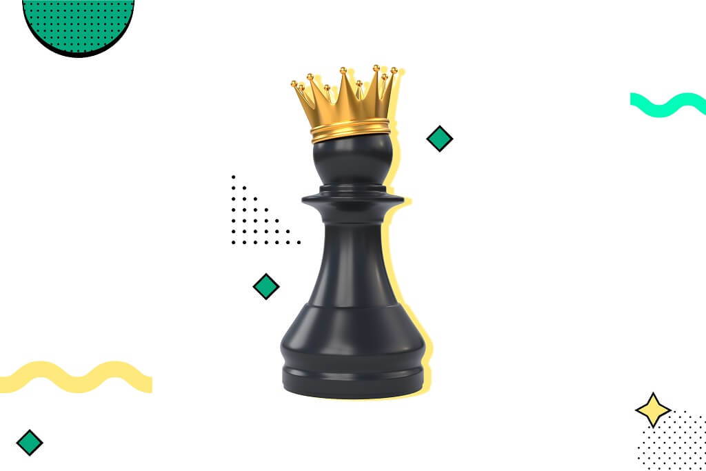 Black chess king piece wearing a gold crown surrounded by colorful geometric shapes on white background