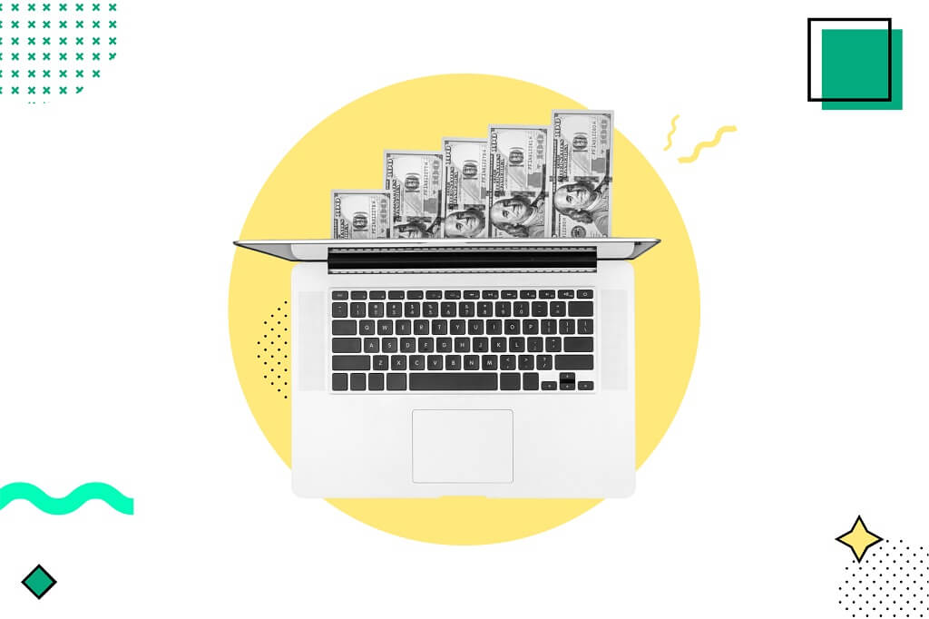 Laptop with hundred dollar bills emerging from screen, symbolizing online income generation through affiliate marketing