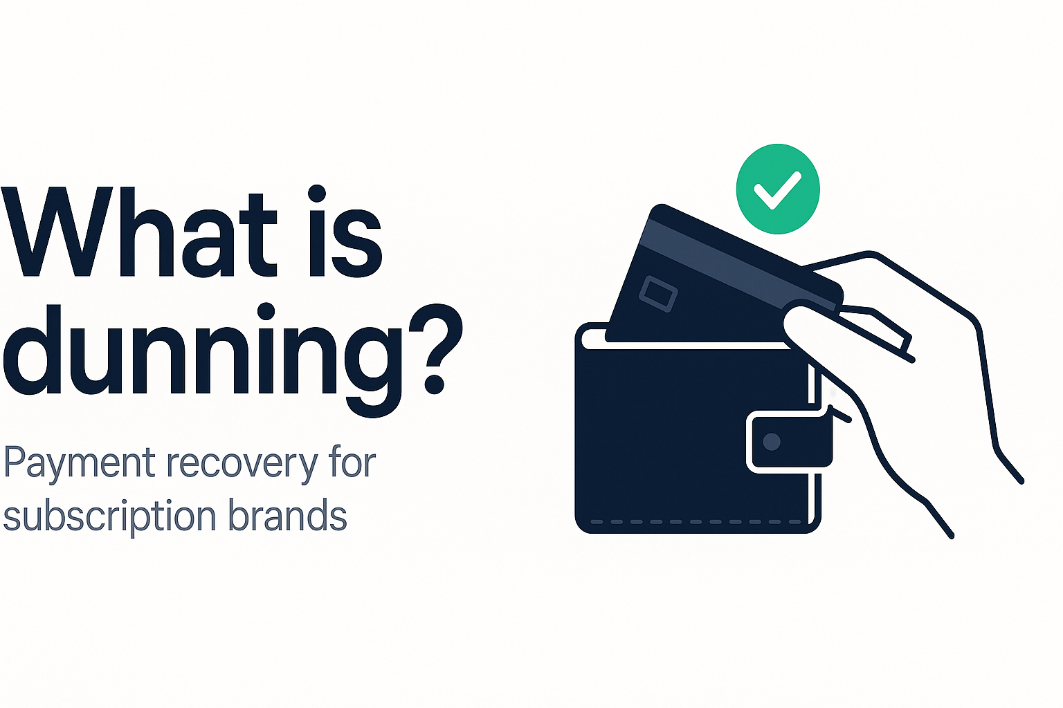 Banner: 'What is dunning?' headline with hand-placing-card-into-wallet metaphor and green checkmark