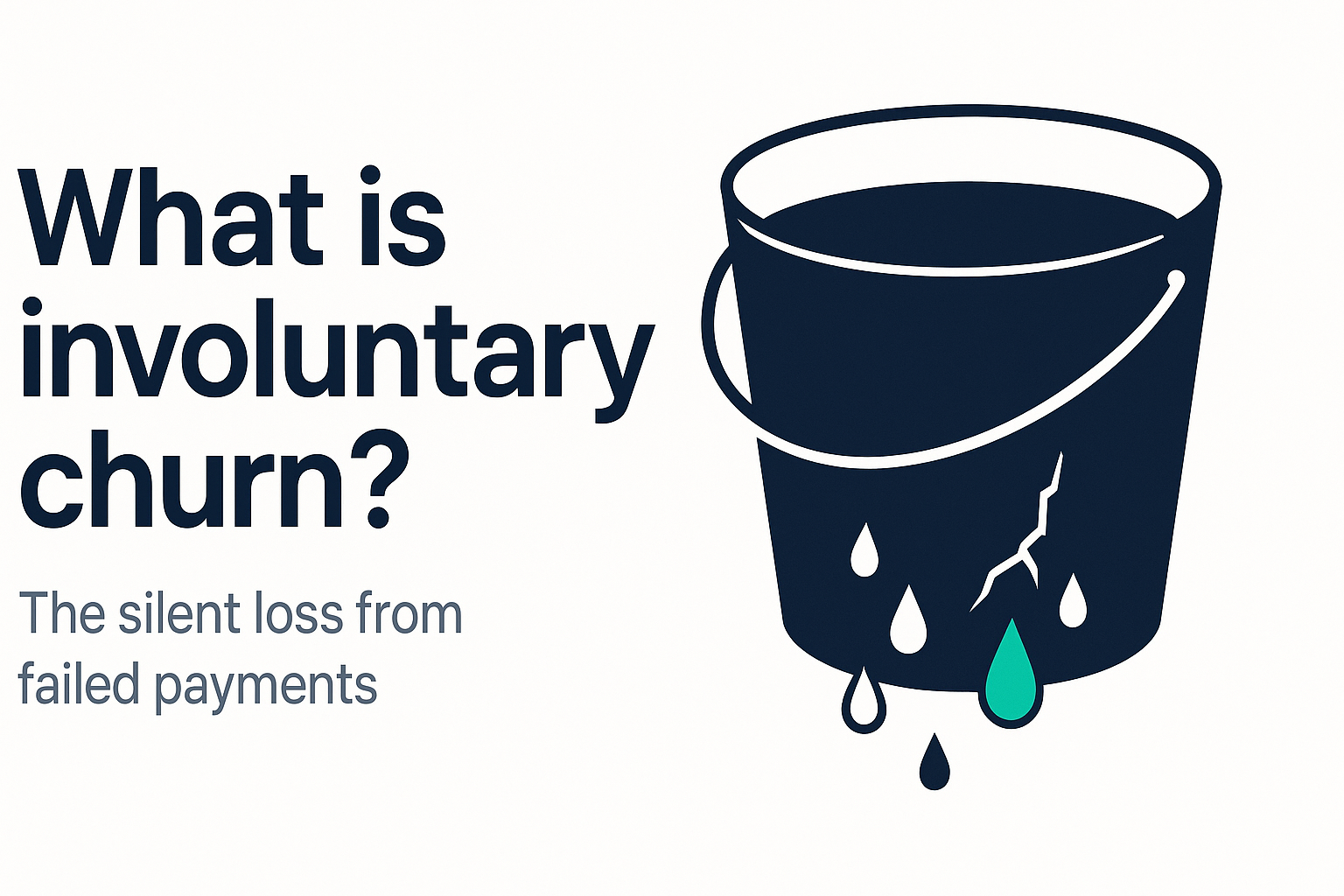 Banner: 'What is involuntary churn?' headline with leaky-bucket metaphor and one green drop falling