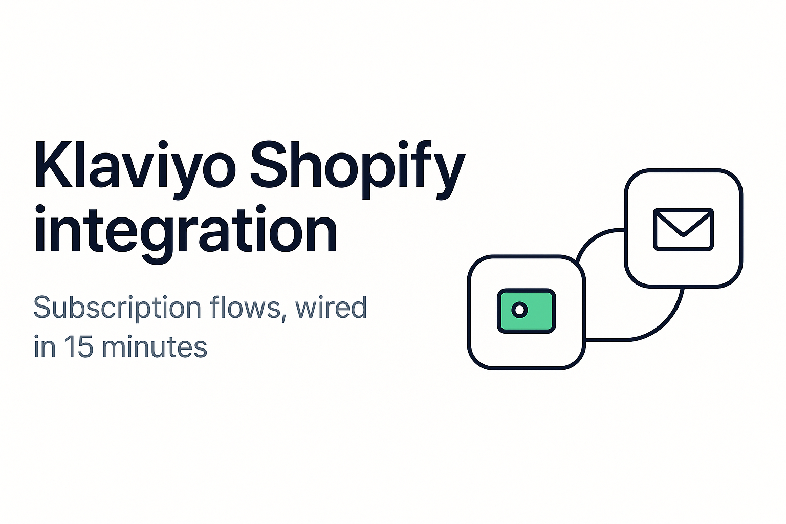 Two minimalist navy and white cards connected by a curved line — a tag icon and an envelope icon — illustrating the Klaviyo Shopify integration on Subi.