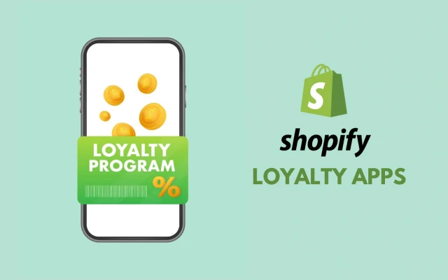 Mobile phone displaying loyalty program card with coins and percentage symbol next to Shopify loyalty apps branding