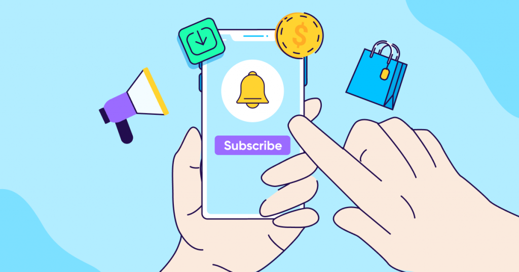 Hands holding smartphone with subscribe button and notification bell, surrounded by shopping bag, megaphone, download and coi
