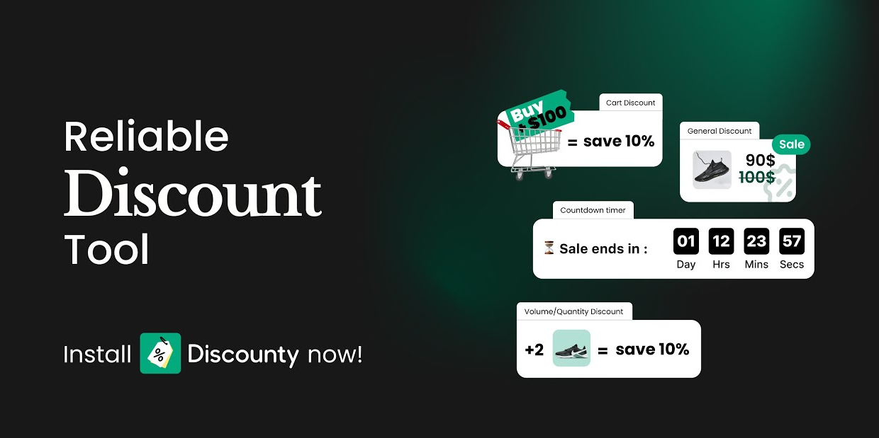 Discount Tool interface showing cart discount, countdown timer, and volume discount features with "Install Discounty now" cal