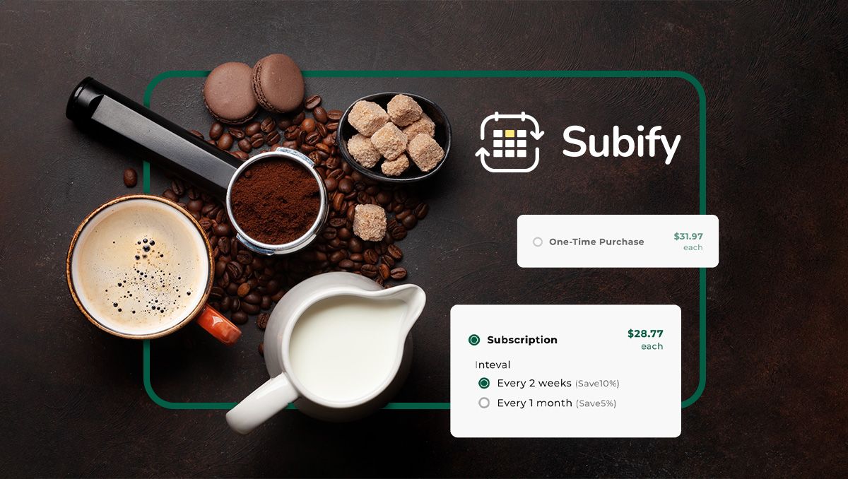 Coffee subscription pricing interface showing espresso, beans, macarons, and cream alongside Subify's one-time and recurring