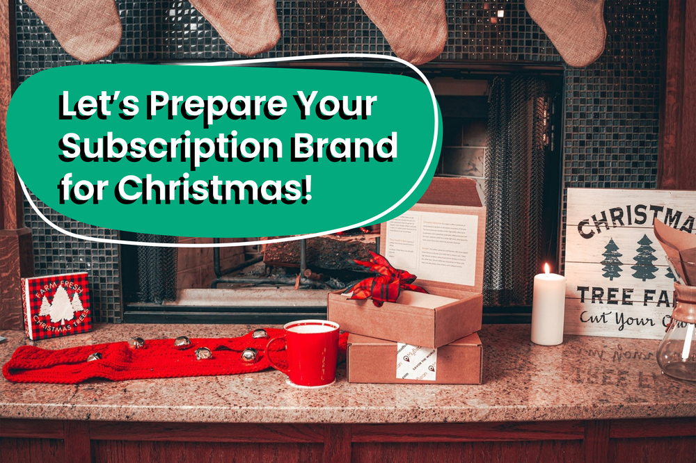 Cozy fireplace mantel decorated with wrapped gifts, red festive ribbon, candle, and Christmas tree farm sign for holiday subs