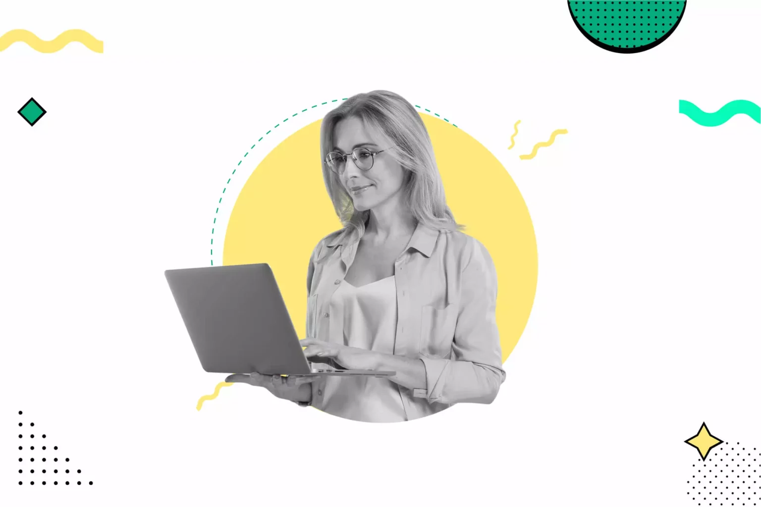 Woman holding laptop with colorful geometric shapes and yellow circle background in modern graphic design style