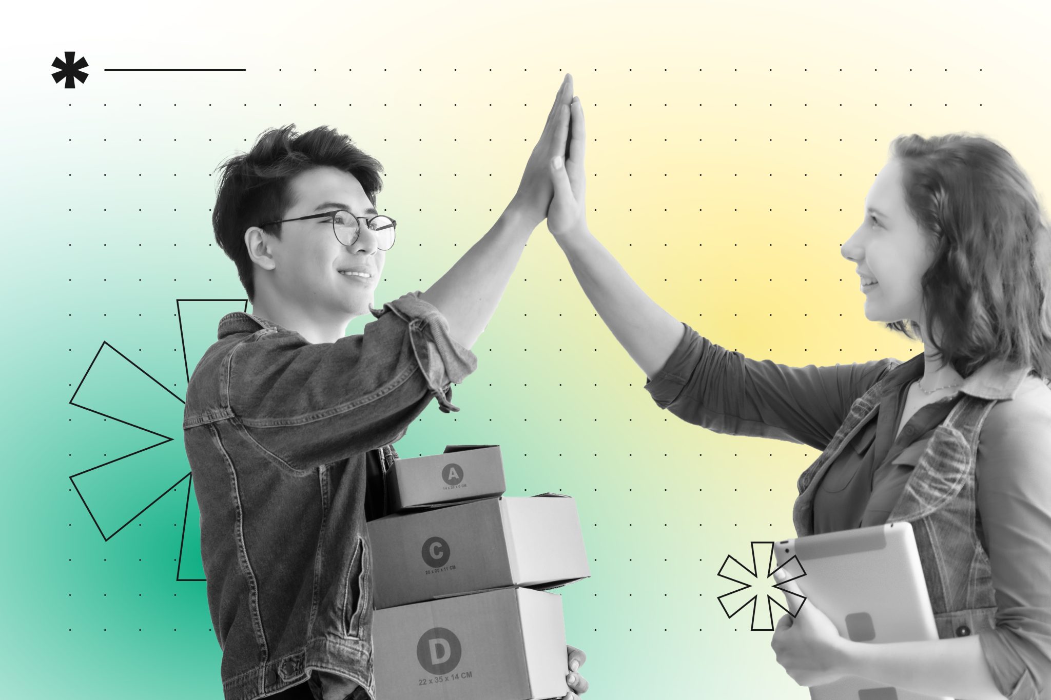Two people giving a high-five while holding stacked subscription boxes labeled A, C, and D with geometric shapes in the backg