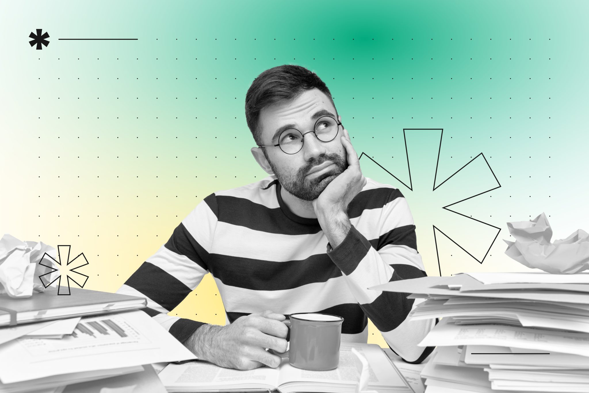 Man in striped shirt looking thoughtful at desk surrounded by crumpled paper and stacks of documents with geometric shapes in