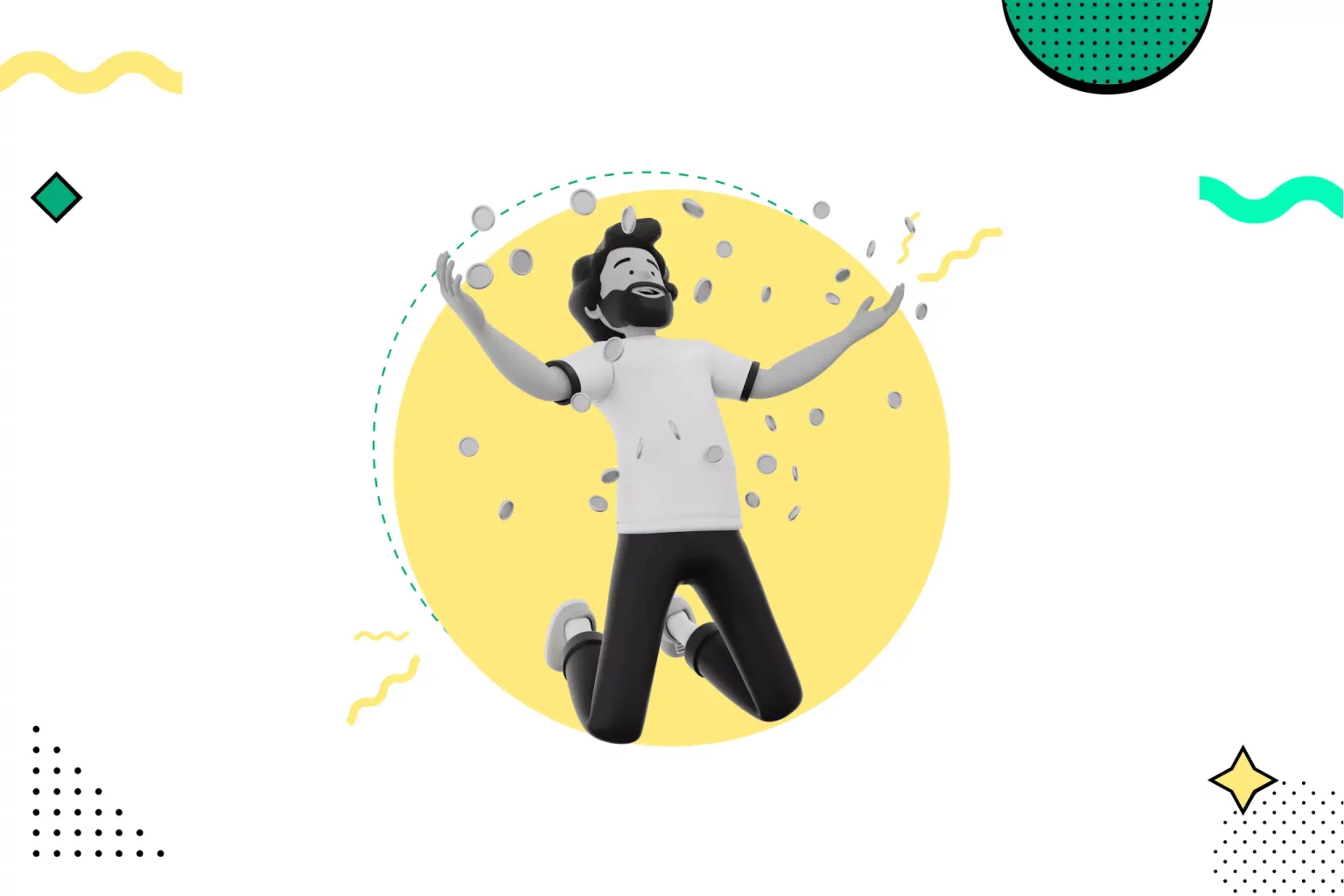 Joyful person jumping with arms raised surrounded by confetti on a yellow circular background with playful geometric shapes