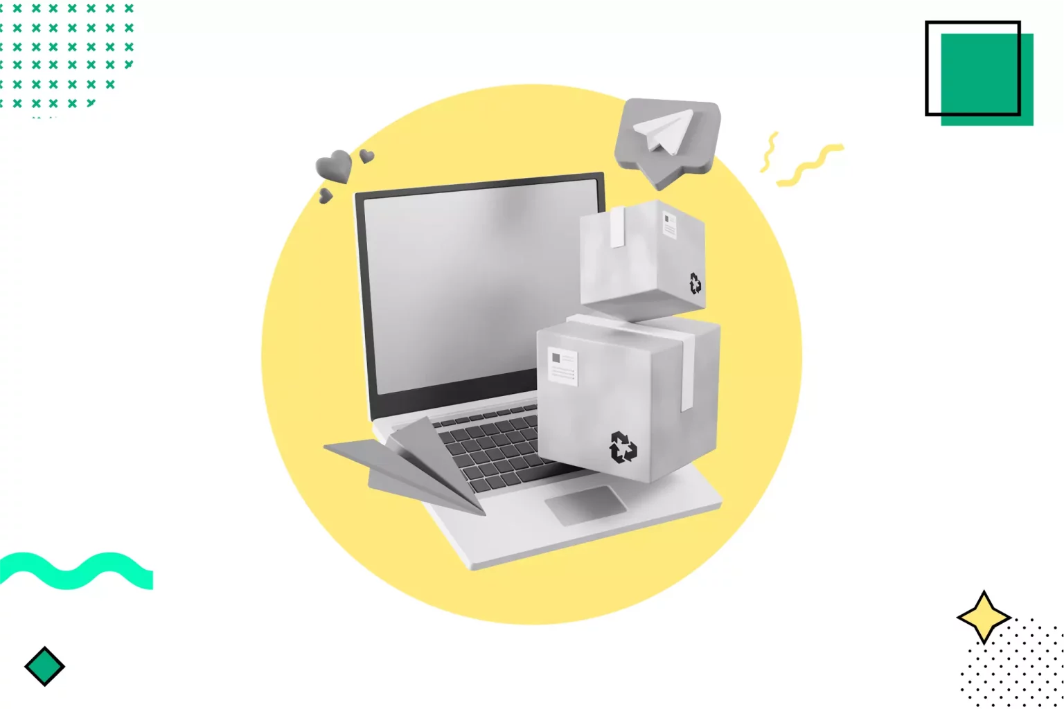 Laptop with white delivery boxes emerging from screen, surrounded by paper plane icon and heart symbols on yellow background